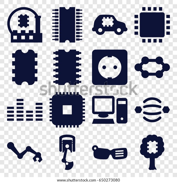 Tech icons set.\
set of 16 tech filled icons such as equalizer, cpu, plug socket,\
pc, robot arm, cpu, smart\
glasses
