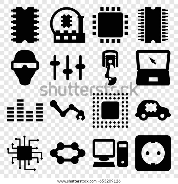 Tech icons set. set of 16 tech filled icons such as\
equalizer, laptop, cpu, chip, plug socket, pc, robot arm, cpu in\
car, cpu