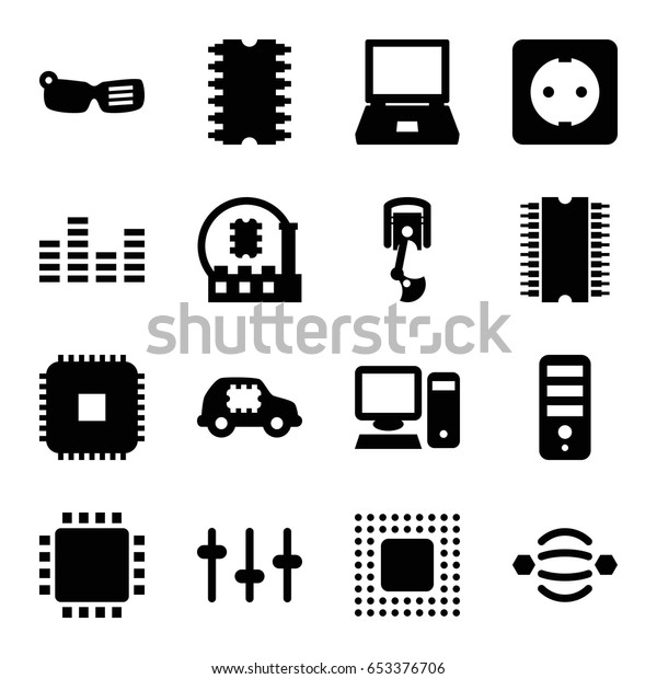 Tech icons set. set of 16 tech filled icons\
such as cpu, equalizer, cpu, chip, plug socket, pc, robot arm, cpu\
in car, smart glasses, atom\
interaction