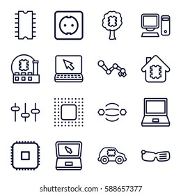 tech icons set. Set of 16 tech outline icons such as equalizer, laptop, chip, plug socket, pc, CPU, CPU in house, CPU in car, CPU in tree, robot arm, smart glasses
