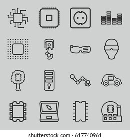 Tech icons set. set of 16 tech outline icons such as , laptop, equalizer, chip, plug socket, robot arm, CPU in car, CPU in tree, man in smart glasses