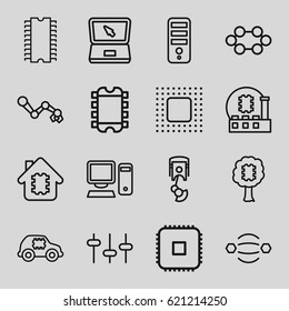 Tech icons set. set of 16 tech outline icons such as CPU, equalizer, laptop, chip, pc, robot arm, CPU in house, CPU in car, CPU in tree