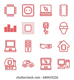 Tech icons set. set of 16 tech outline icons such as cpu, laptop, equalizer, chip, plug socket, pc, robot arm, cpu, man in smart glasses