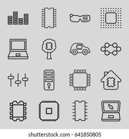Tech icons set. set of 16 tech outline icons such as cpu, equalizer, laptop, cpu, chip