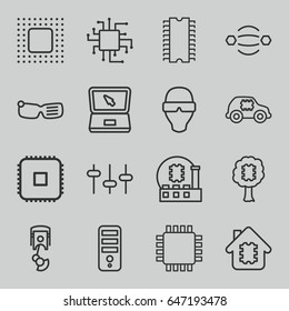 Tech icons set. set of 16 tech outline icons such as cpu, equalizer, laptop, chip, robot arm, cpu