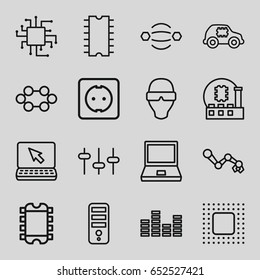 Tech icons set. set of 16 tech outline icons such as cpu, equalizer, cpu, chip, plug socket, laptop, cpu in car, robot arm, man in smart glasses