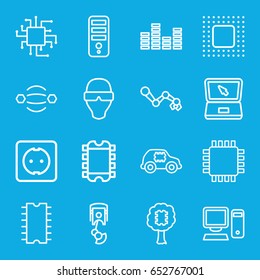 Tech icons set. set of 16 tech outline icons such as cpu, laptop, equalizer, cpu, chip, plug socket, pc, robot arm, man in smart glasses