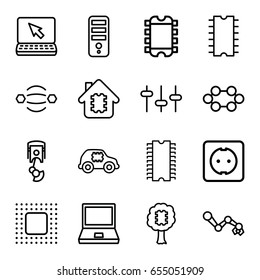 Tech icons set. set of 16 tech outline icons such as cpu, equalizer, cpu, chip, plug socket, robot arm, laptop