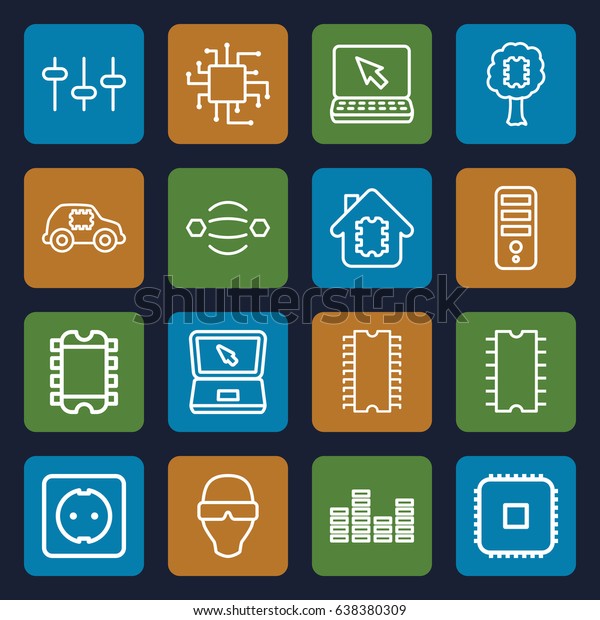 Tech icons set. set of 16 tech outline icons\
such as cpu, equalizer, laptop,\
cpu
