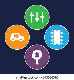 Tech icons set. set of 4 tech filled icons such as equalizer, cpu, cpu in car