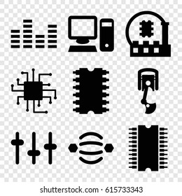 Tech icons set. set of 9 tech filled icons such as equalizer, pc, robot arm, CPU