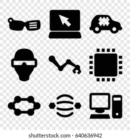 Tech icons set. set of 9 tech filled icons such as pc, cpu, cpu in car, robot arm, man in smart glasses, cpu, smart glasses, atom interaction