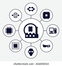 Tech icons set. set of 9 tech filled icons such as chip, pc, cpu, cpu, man in smart glasses, smart glasses