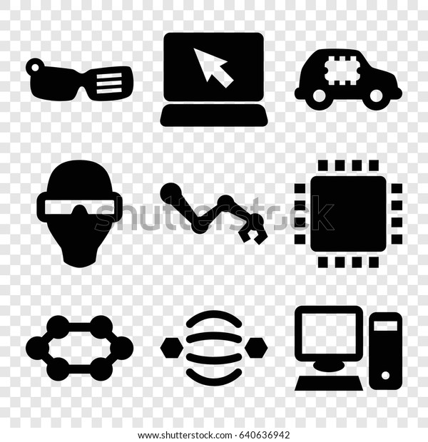 Tech icons set. set of 9 tech filled icons\
such as pc, cpu, cpu in car, robot arm, man in smart glasses, cpu,\
smart glasses, atom\
interaction