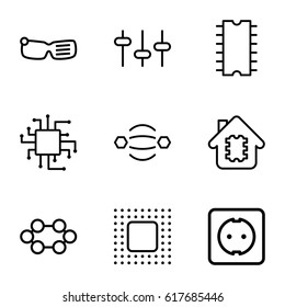 Tech icons set. set of 9 tech outline icons such as equalizer, cpu, chip, plug socket, CPU in house, CPU, smart glasses