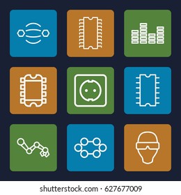 Tech icons set. set of 9 tech outline icons such as equalizer, cpu, plug socket, robot arm, man in smart glasses, CPU