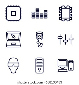 Tech icons set. set of 9 tech outline icons such as cpu, equalizer, laptop, pc, robot arm