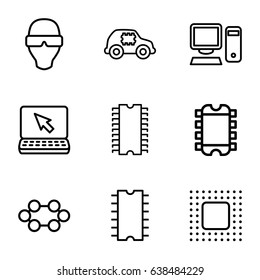 Tech icons set. set of 9 tech outline icons such as cpu, chip, pc, laptop, cpu in car, man in smart glasses