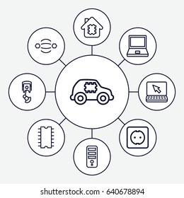 Tech icons set. set of 9 tech outline icons such as cpu, cpu, plug socket, robot arm, laptop
