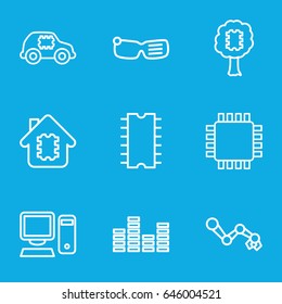 Tech icons set. set of 9 tech outline icons such as equalizer, cpu, pc, cpu in house, robot arm