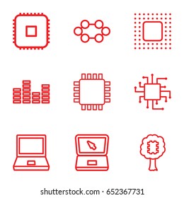 Tech icons set. set of 9 tech outline icons such as laptop, equalizer, chip, cpu, cpu