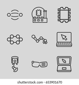 Tech icons set. set of 9 tech outline icons such as laptop, robot arm, cpu, smart glasses