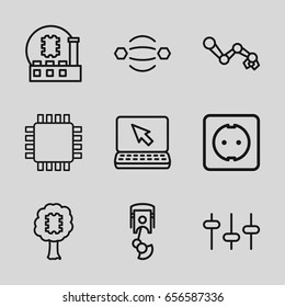 Tech icons set. set of 9 tech outline icons such as equalizer, plug socket, robot arm, cpu, laptop, cpu in tree, cpu
