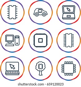 Tech icons set. set of 9 tech outline icons such as laptop, cpu, pc