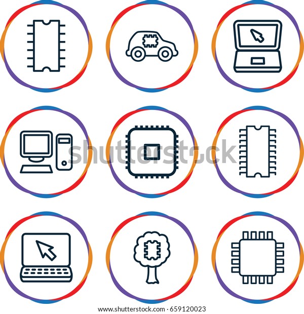 Tech icons set. set of 9 tech outline icons such as\
laptop, cpu, pc