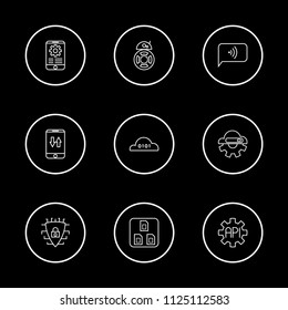 Tech icons set with AI robot, cloud streaming and mobile traffic elements. Set of tech icons and software concept. Editable vector elements for logo app UI design.