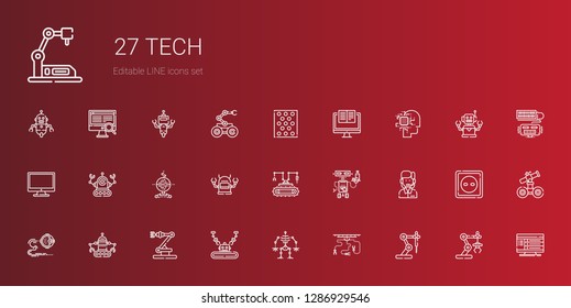 tech icons set. Collection of tech with industrial robot, robot, customer service, computer, artificial intelligence, bubble warp, socket. Editable and scalable tech icons.