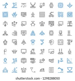 tech icons set. Collection of tech with industrial robot, robot, bubble warp, proteins, funnel, triangle, computer, customer service, d printer. Editable and scalable tech icons.