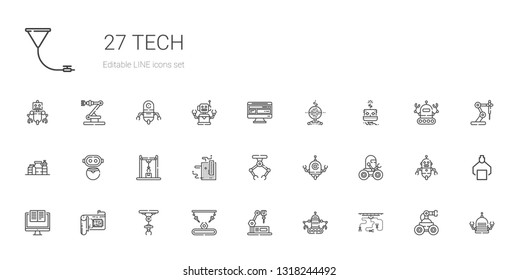 tech icons set. Collection of tech with industrial robot, robot, cpu, computer, motherboard, proteins, funnel. Editable and scalable tech icons.