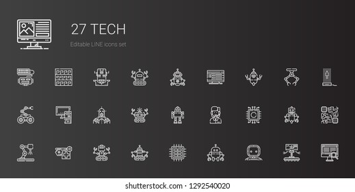 tech icons set. Collection of tech with robot, cpu, industrial robot, customer service, pc, computer, hologram, pattern. Editable and scalable tech icons.
