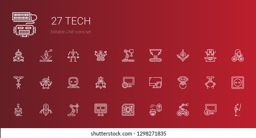 tech icons set. Collection of tech with robot, cpu, computer, industrial robot, d printer, socket. Editable and scalable tech icons.