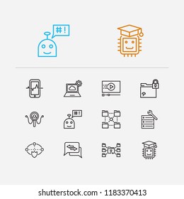 Tech icons set. Cyber security and tech icons with AI robot, machine learning and mobile traffic. Set of mechanical for web app logo UI design.