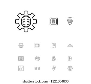 Tech icons set with data structure and hosting service elements. Set of tech icons and document safety concept. Editable vector elements for logo app UI design.