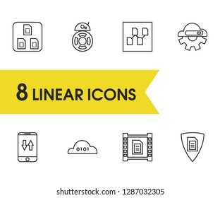 Tech icons set with hosting service, data protection and data visualization elements. Set of tech icons and organization concept. Editable vector elements for logo app UI design.