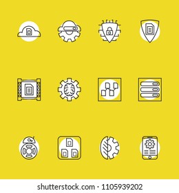 Tech icons set with mobile application and data center elements. Set of tech icons and artificial intelligence concept. Editable vector elements for logo app UI design.