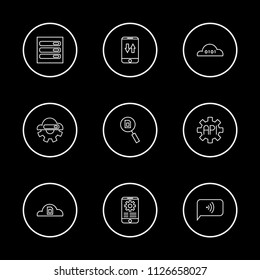 Tech icons set with mobile traffic, data analytics and mobile application elements. Set of tech icons and database concept. Editable vector elements for logo app UI design.
