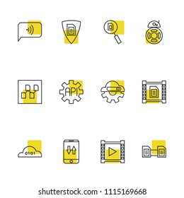 Tech icons set with video streaming, mobile traffic and data analytics elements. Set of tech icons and multimedia concept. Editable vector elements for logo app UI design.