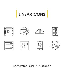 Tech icons set with video streaming, mobile traffic and mobile application elements. Set of tech icons and organization concept. Editable vector elements for logo app UI design.