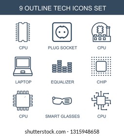 tech icons. Trendy 9 tech icons. Contain icons such as cpu, plug socket, CPU, laptop, equalizer, chip, smart glasses. tech icon for web and mobile.