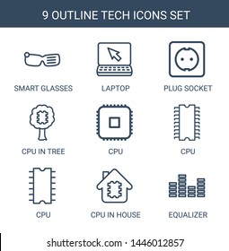 tech icons. Trendy 9 tech icons. Contain icons such as smart glasses, laptop, plug socket, CPU in tree, CPU, cpu, in house, equalizer. tech icon for web and mobile.
