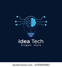 Tech idea bulb logo design with brain vector template