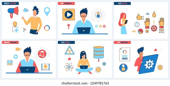 Tech innovation, analysis and data storage, website content improvement set vector illustration. Cartoon tiny people work with databases, online cloud servers on new website development technology