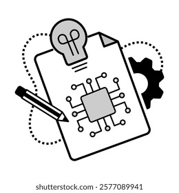 Tech Innovation Icon – Circuit Board with Document, Pencil, and Gear Representing Digital Creativity