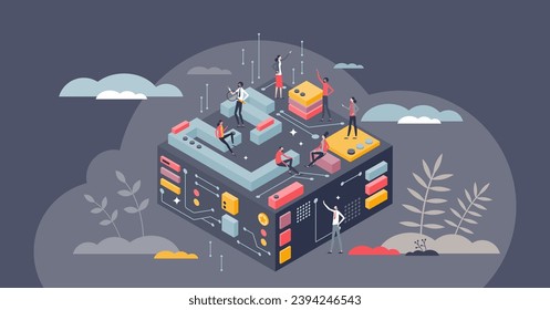 Tech innovation journey and digital systems development tiny person concept. Information technology work with modern computing hardware vector illustration. Innovative circuit components business.