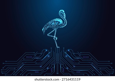 Innovación tecnológica, tecnología de la naturaleza y vida silvestre digital con polígono flamenco de pie por encima de la placa de circuito brillante. Futurista azul neón de baja Ilustración vectorial de poli para el diseño moderno y conceptos de interfaz de usuario.
