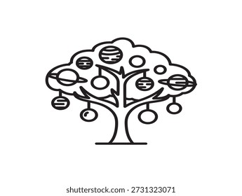 Árbol de innovación tecnológica con iconos de planeta